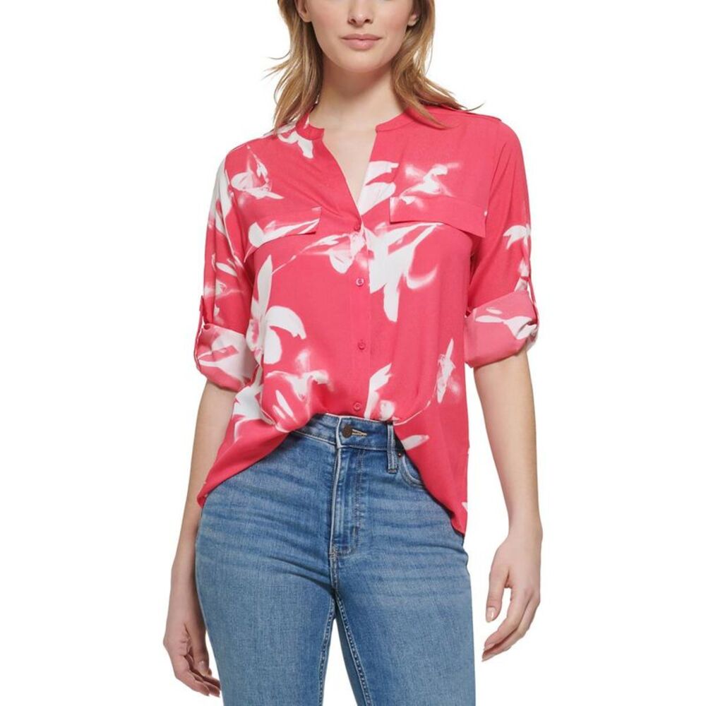 Calvin Klein Womens Pink Collarless Floral Blouse Button-Down Top Shirt NWT